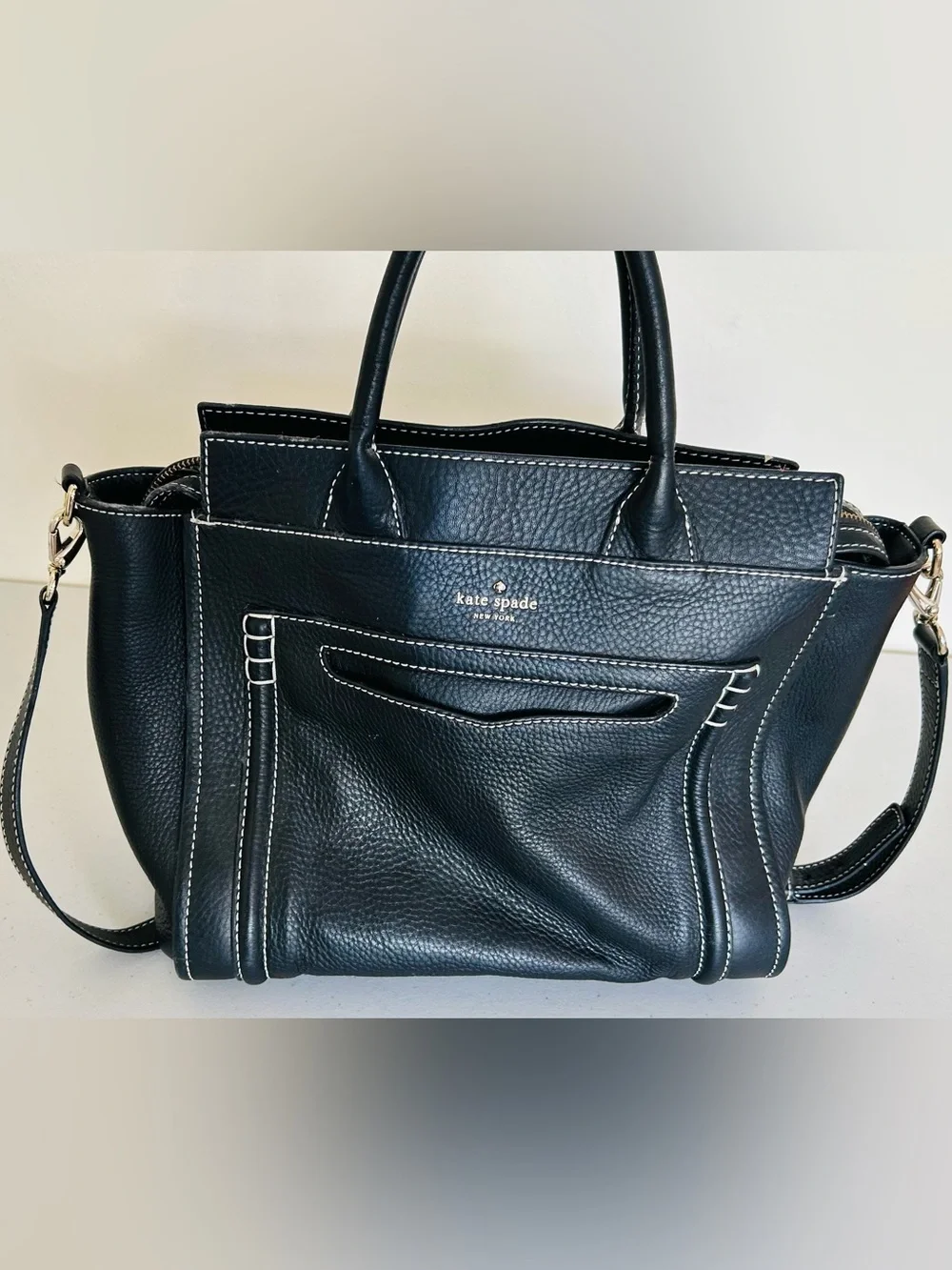 kate spade Black Pebbled Leather Shoulder Bag with White Stitching